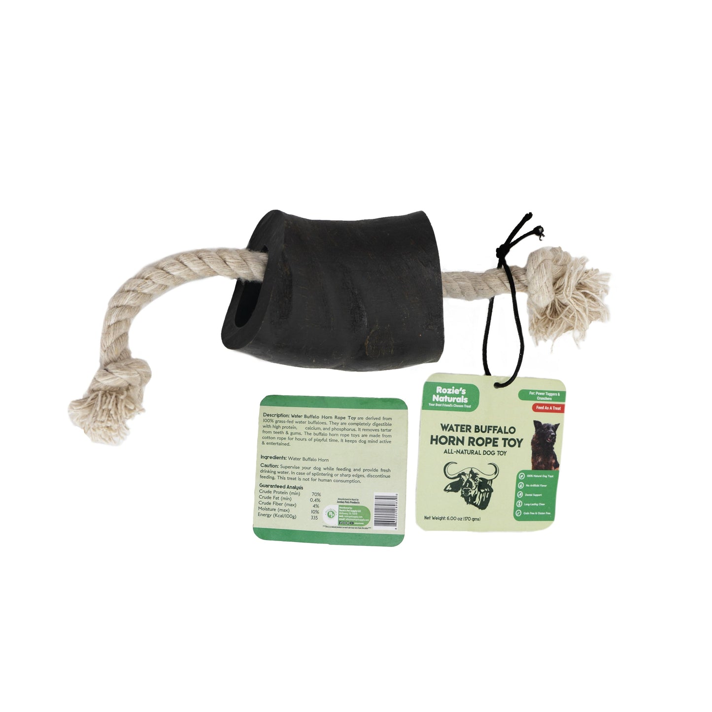 Water Buffalo Horn 14" Cotton Rope Tug Toy Dog Chews-2 Count-10 oz