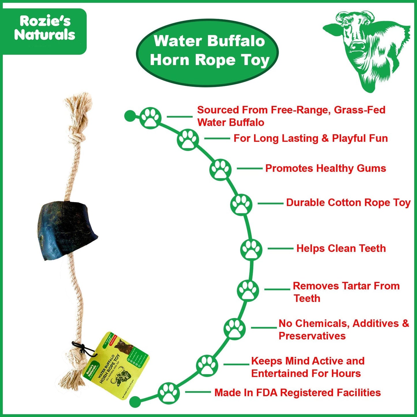 Water Buffalo Horn 14" Cotton Rope Tug Toy Dog Chews-2 Count-10 oz
